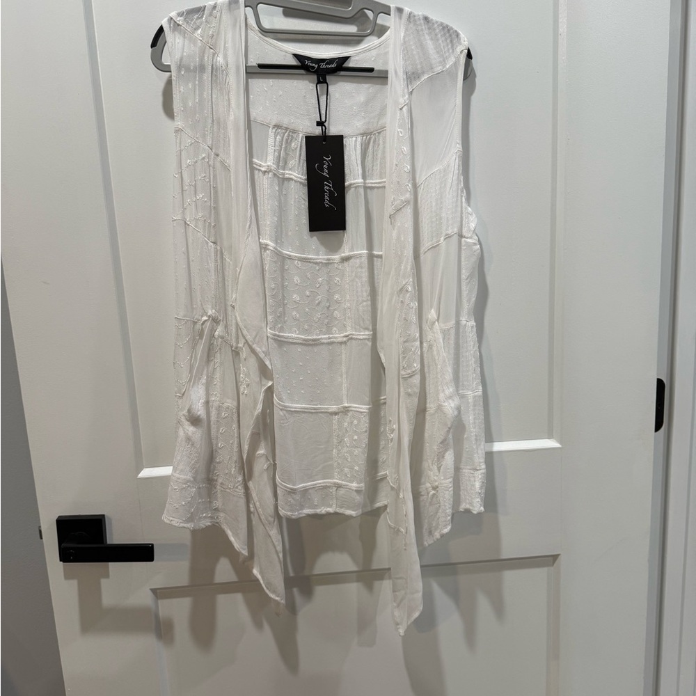 White Sheer Vest with floral detail and pockets size L